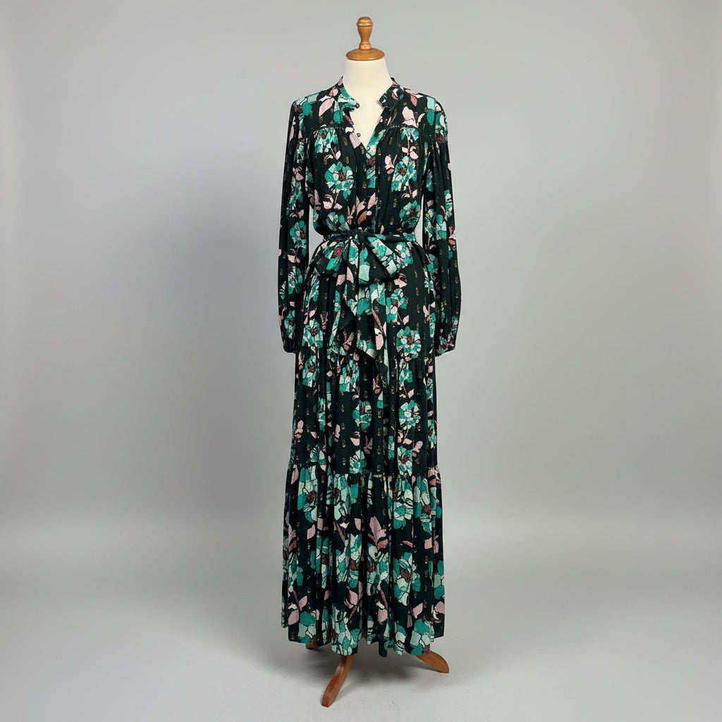 Alivia evergreen, orchid, and gold floral maxi dress, size XS
