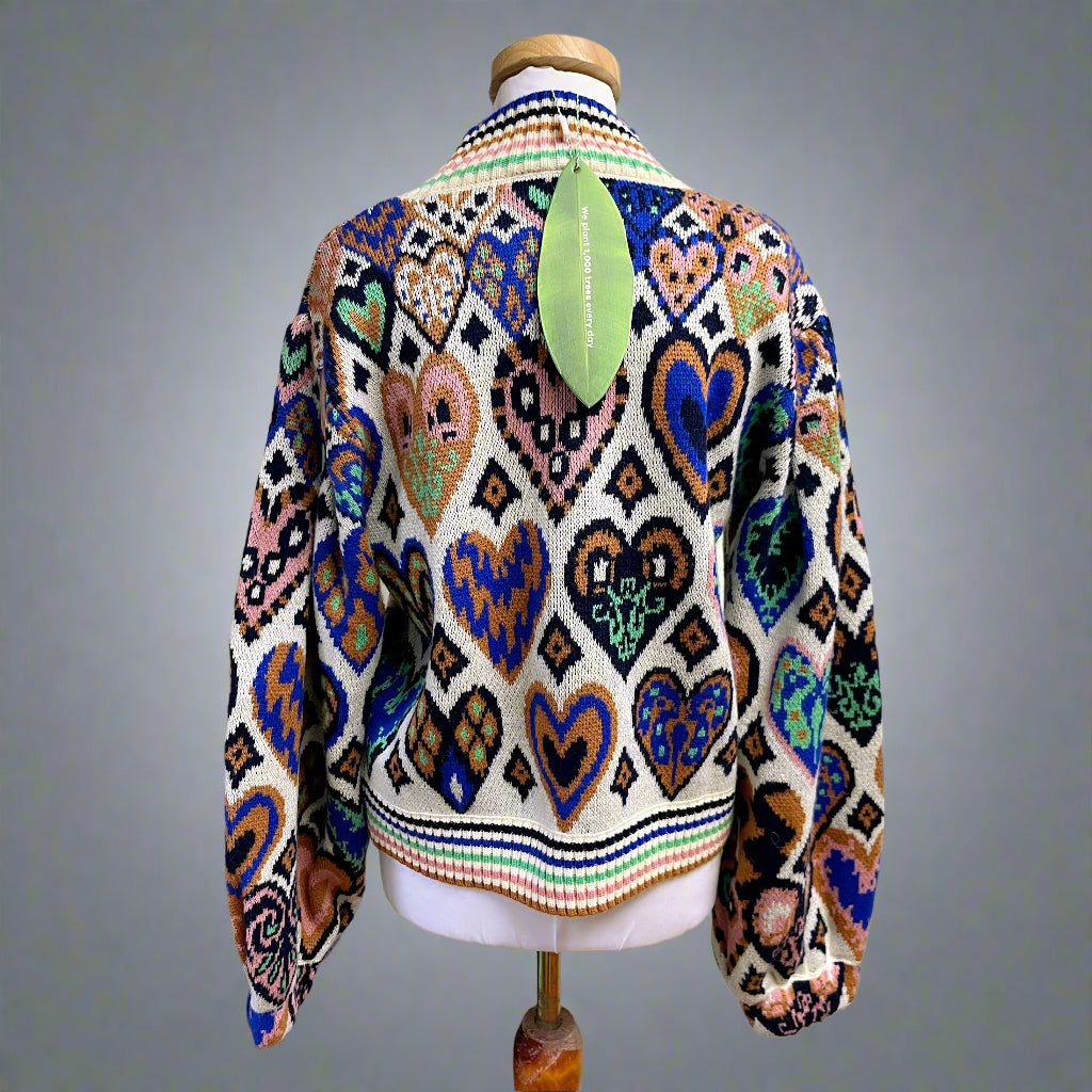 Farm Rio multi-color Hearts Ikat sweater, size M, NEW WITH TAGS!