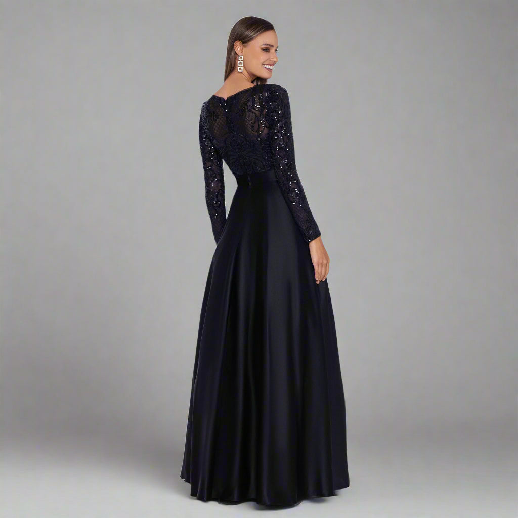 Betsy & Adam black sequin and satin dress, size 14P