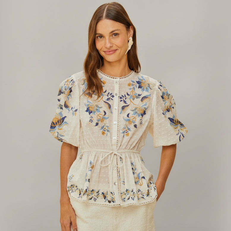 FARM Rio Mystic Blue floral Swiss dot blouse, size L