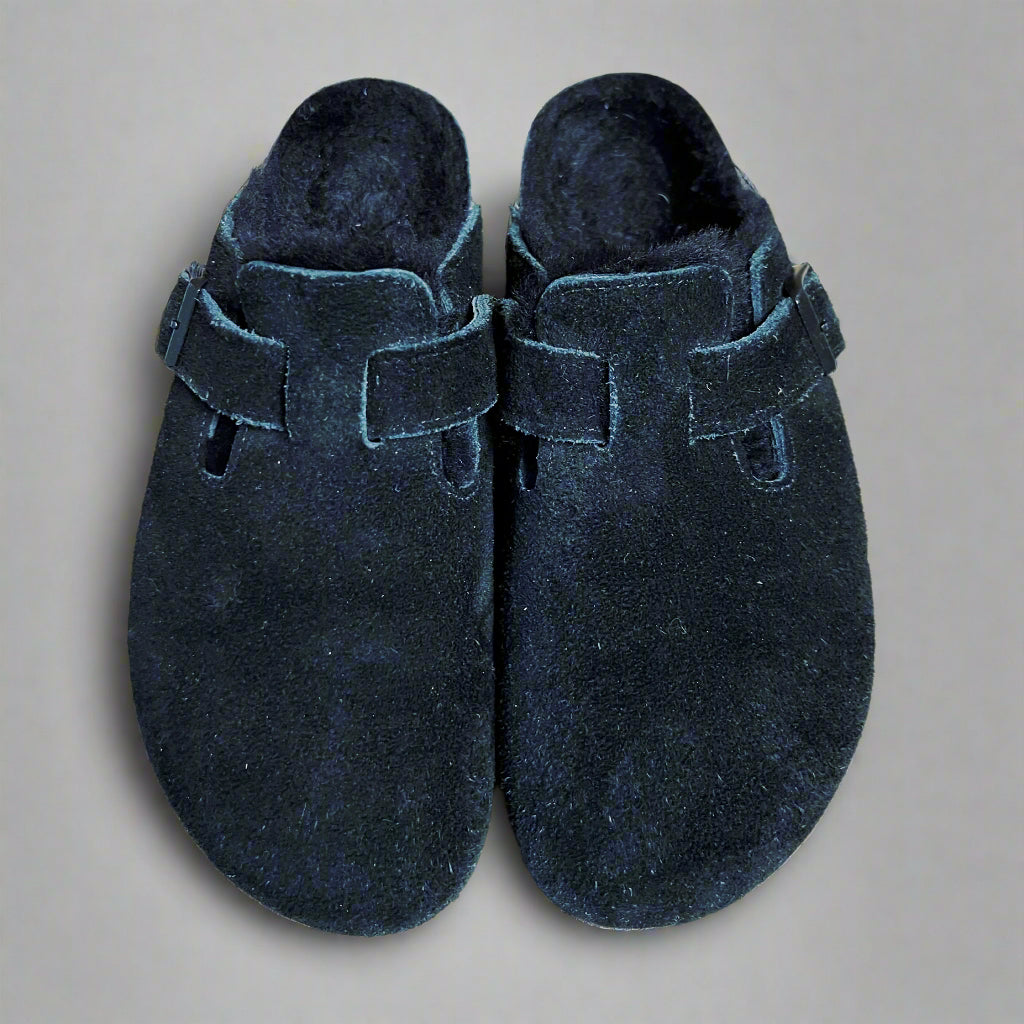 Birkenstock black suede Boston clogs, size 38/US 7