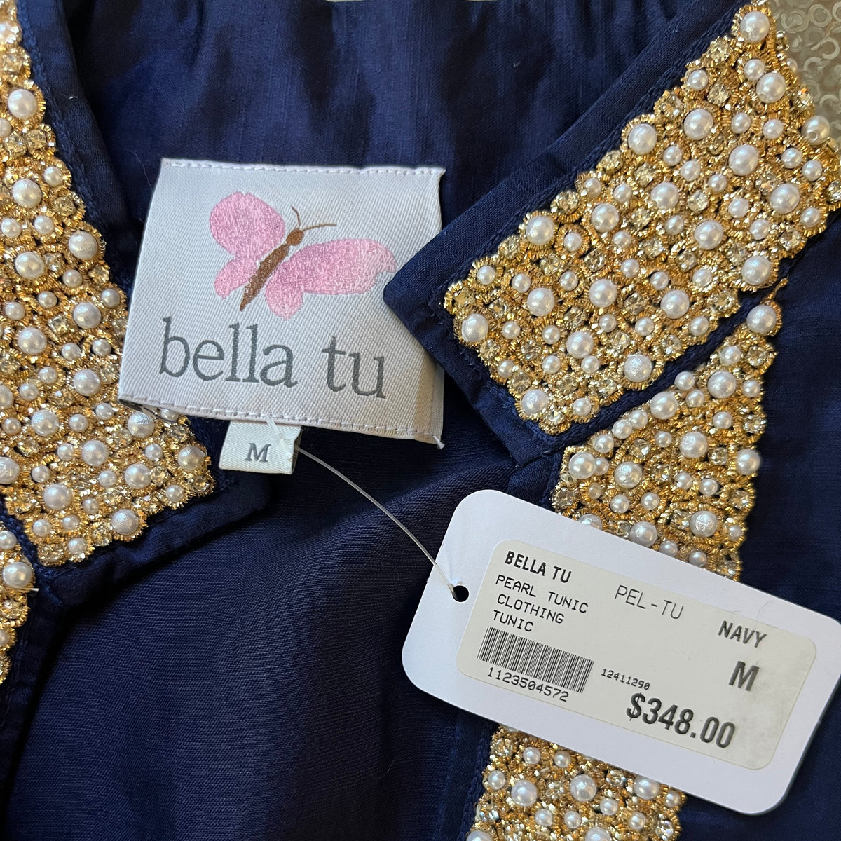 Bella Tu navy blouse with beading, size M, NEW WITH TAGS!