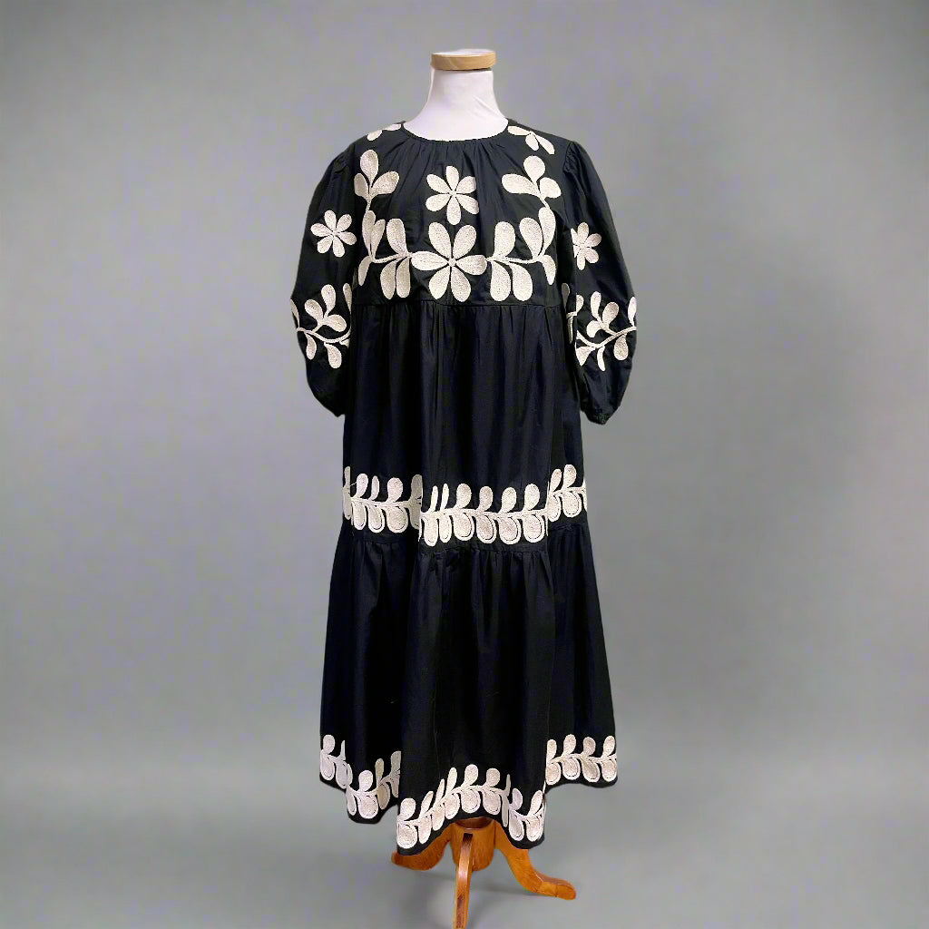 Anthropologie black and cream embroidered dress, size S