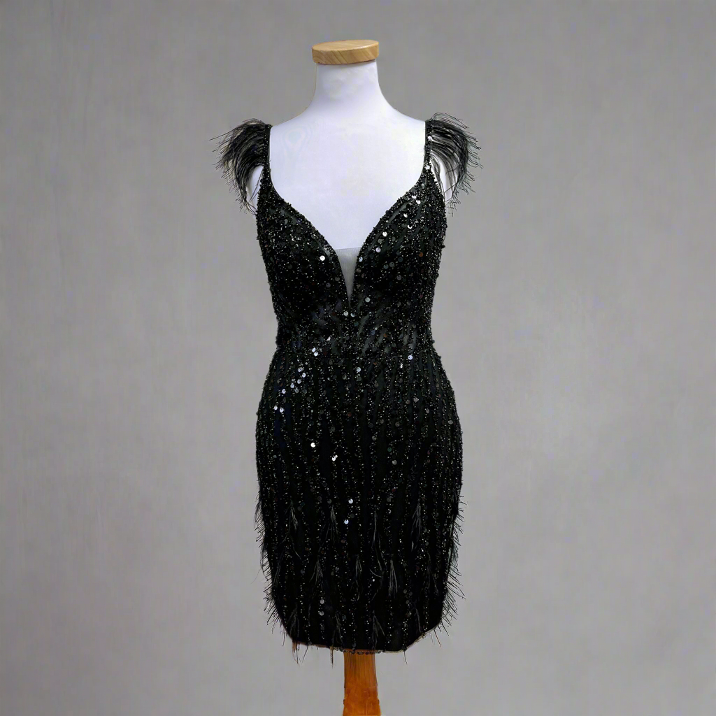 Gianni Bini black sequin and feather dress, size 7, NEW WITH TAGS!