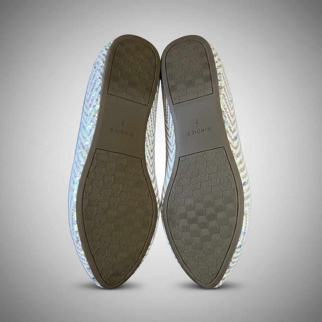 Birdies white and tan herringbone Heron flat, size 7, NEW IN BOX!