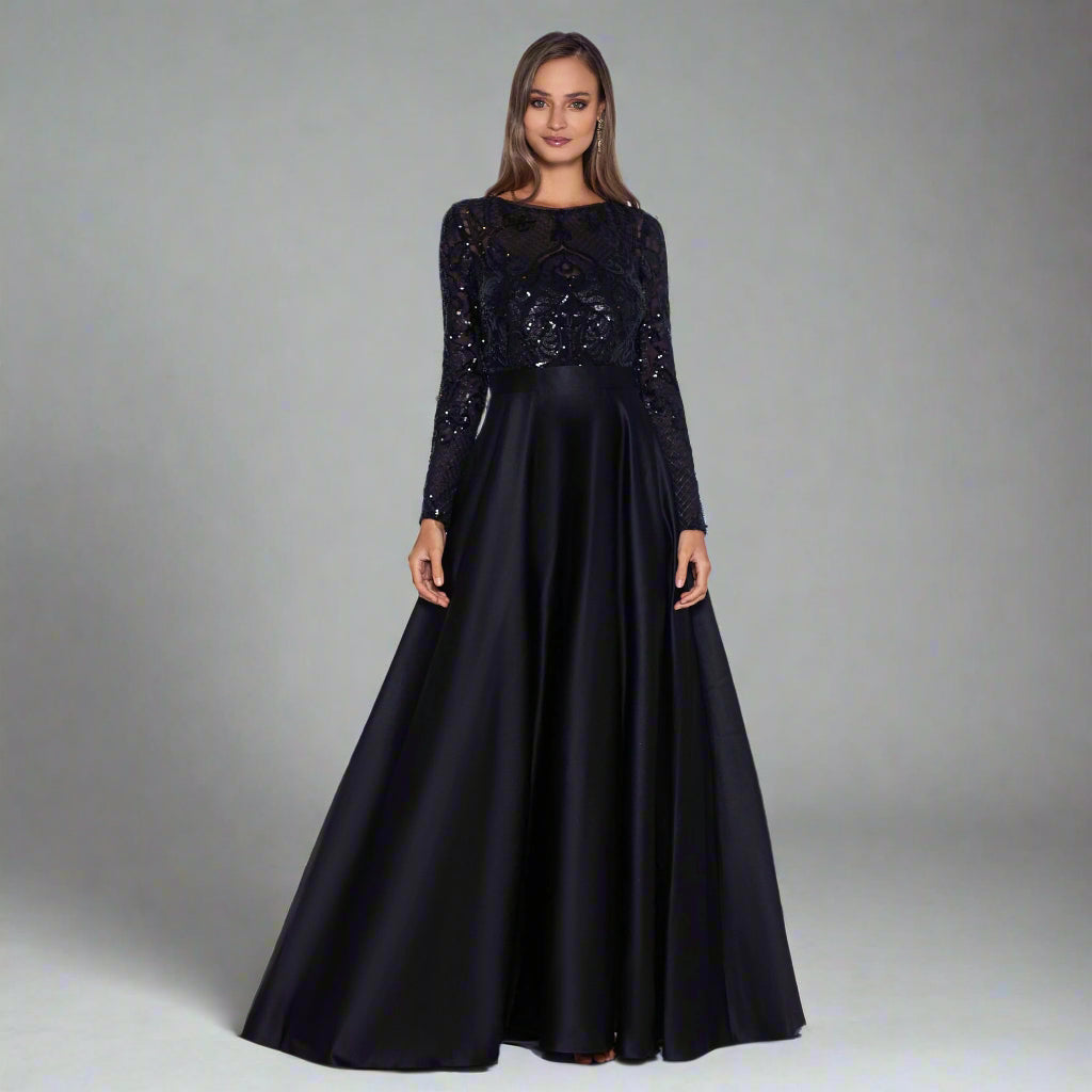 Betsy & Adam black sequin and satin dress, size 14P