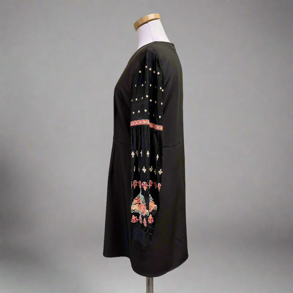 THML black dress with embroidered sleeves, size L
