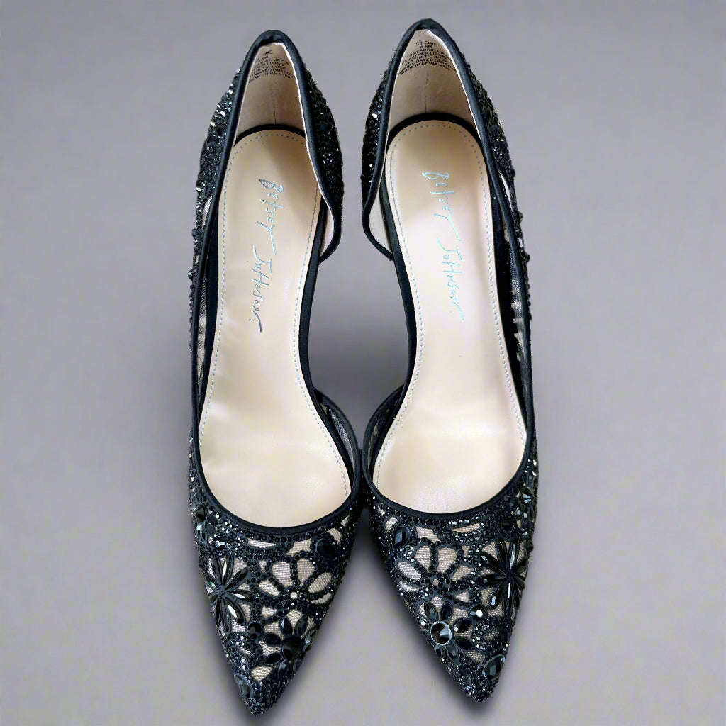 Betsey Johnson black lace and sequin pumps, size 8.5