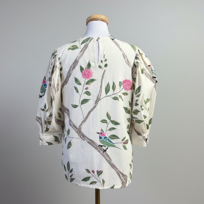 Sheridan French cream bird print blouse, size M