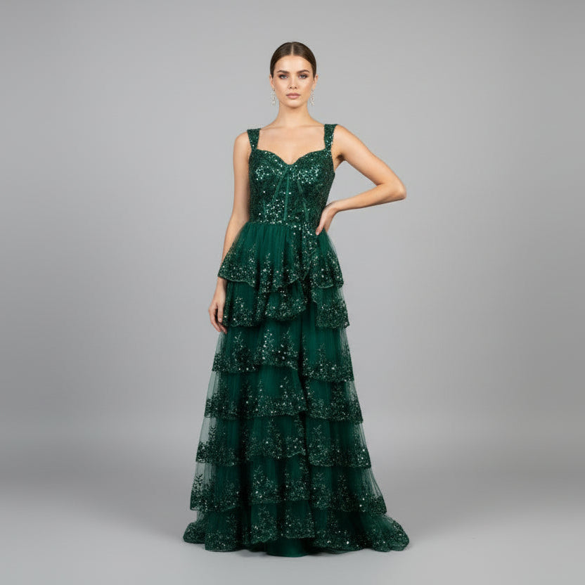 Wear Your Love emerald green corset ruffle dress, Size L