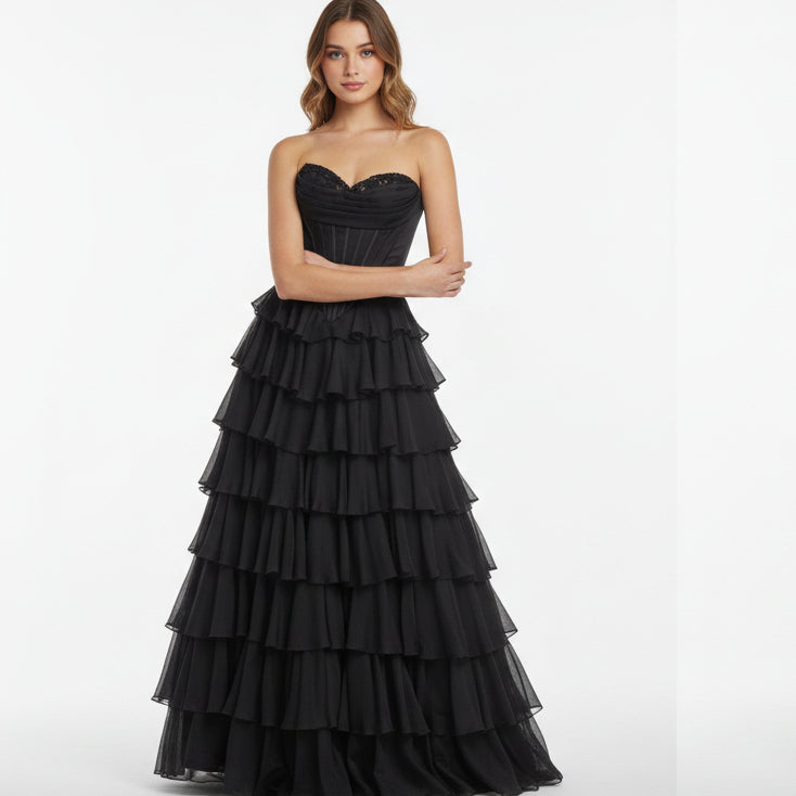 Sherri Hill black corset ruffle dress, Size 10