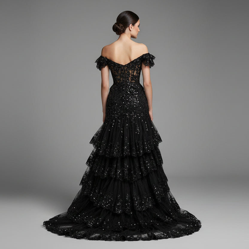 Sherri Hill black lace corset ruffle dress, Size 4