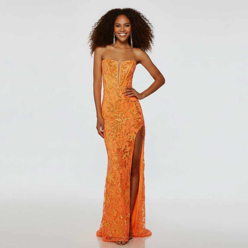 Alyce Paris bright orange sequin strapless dress, size 000