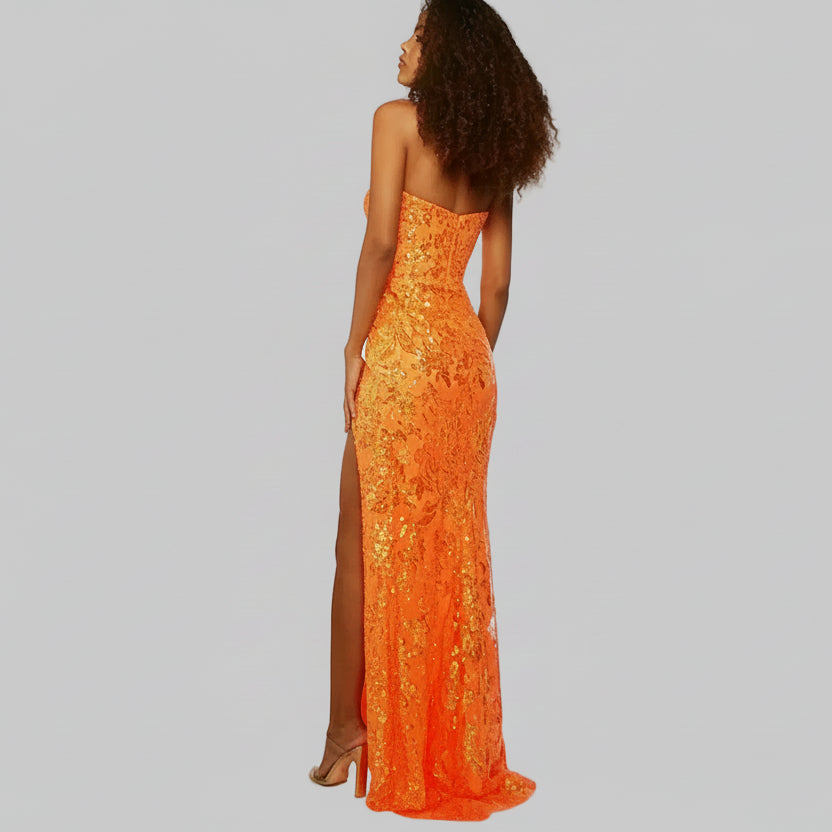 Alyce Paris bright orange sequin strapless dress, size 000