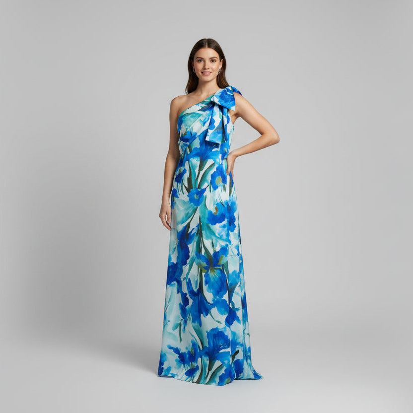 Adrianna Papell blue floral printed scuba gown, Size 12