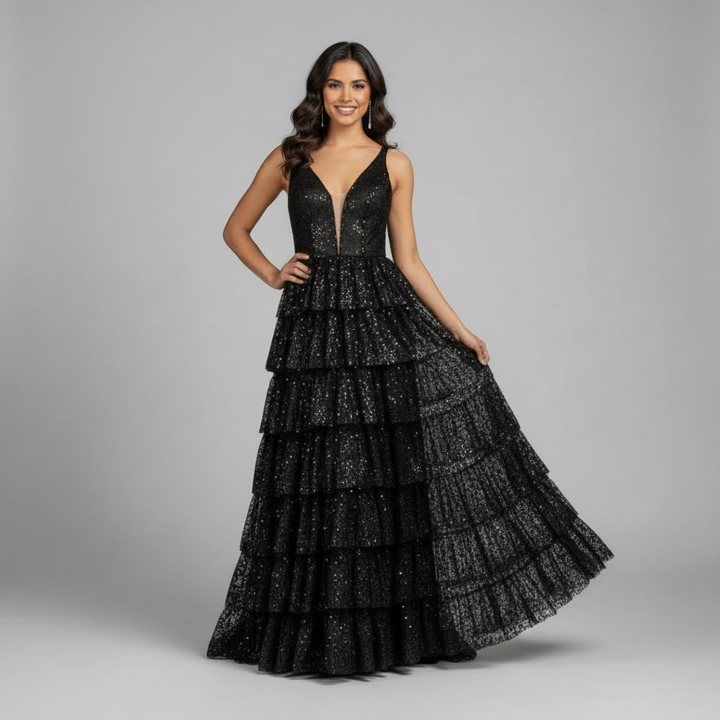 JVN by Jovani black ruffle skirt dress, size 6