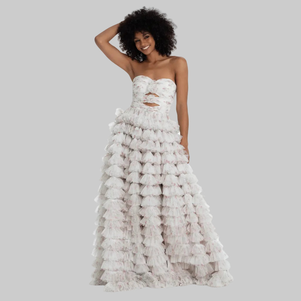 Camille La Vie floral ruffle ballgown, size 8