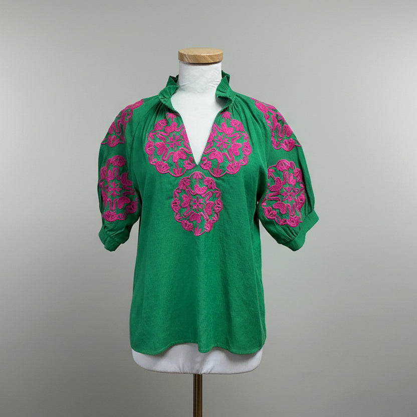 THML emerald green blouse with pink embroidery, size M