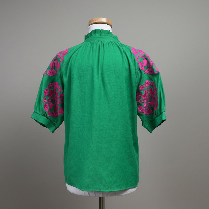 THML emerald green blouse with pink embroidery, size M