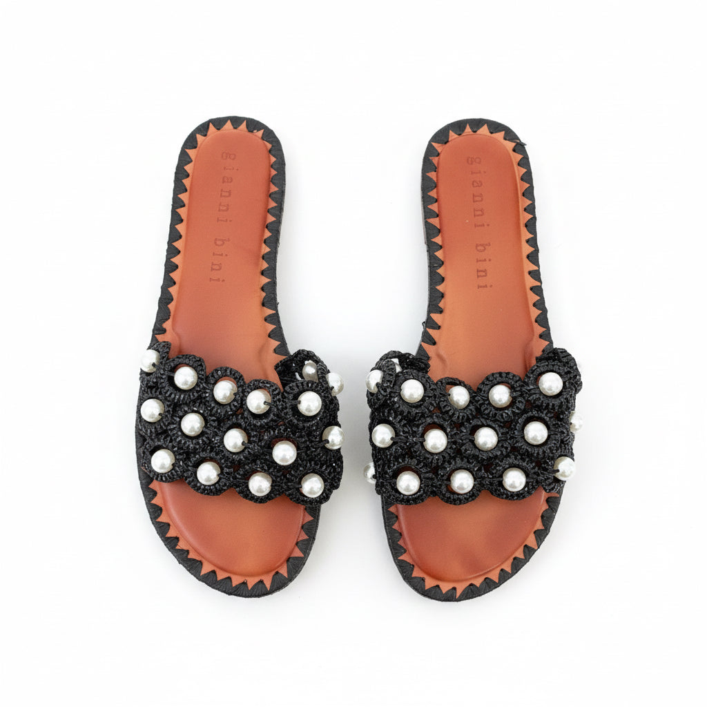 Gianni Bini black raffia and pearl sandals, size 9