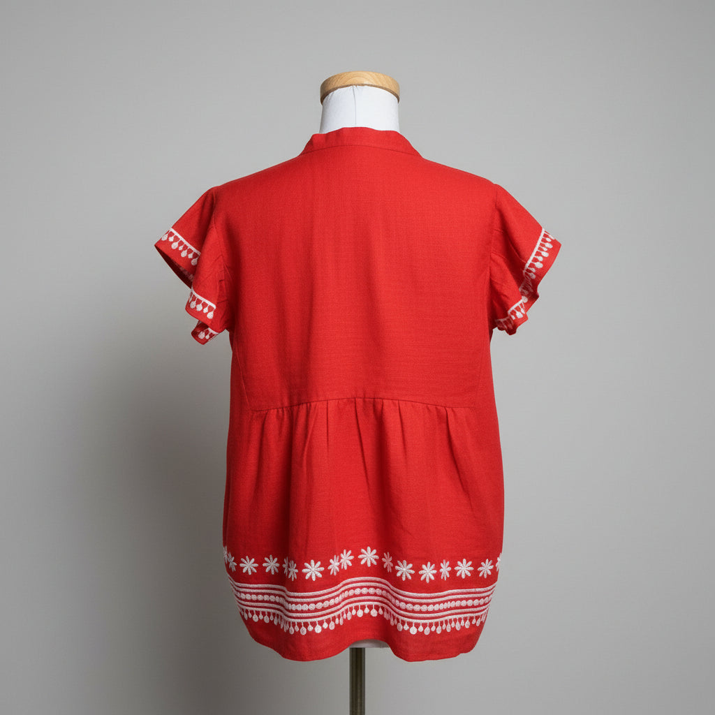 STS red linen with white embroidery blouse, size M
