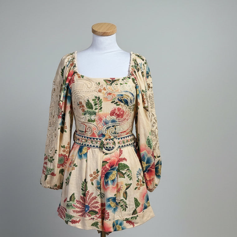 Farm Rio tan floral romper, size XS