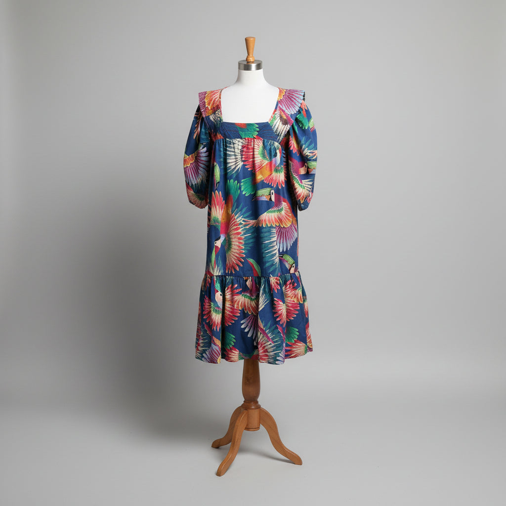 FARM Rio blue Colorful Toucans dress, size L
