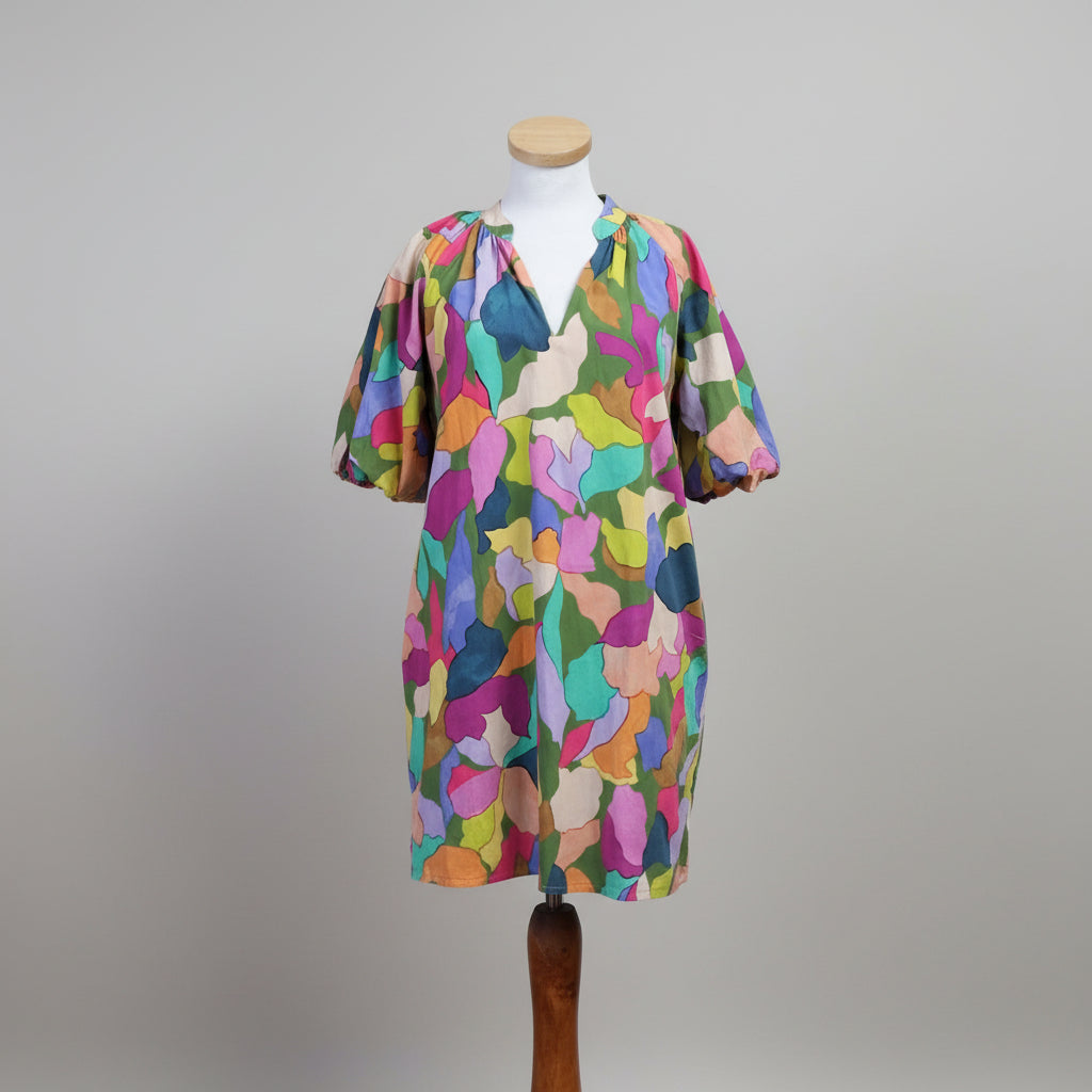 THML multicolor bright puff sleeve v-neck dress, Size M