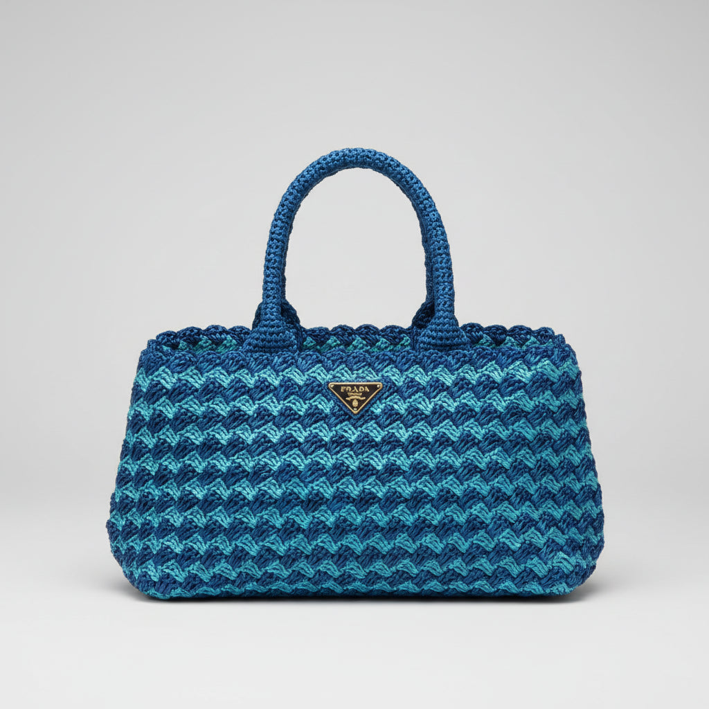 Prada blue crochet raffia Canapa tote bag