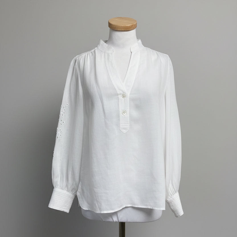 J. McLaughlin white blouse with eyelet sleeves, size S