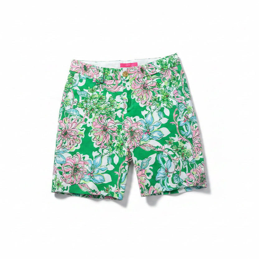 Lilly Pulitzer green floral 9" Natia Knit shorts, size 4