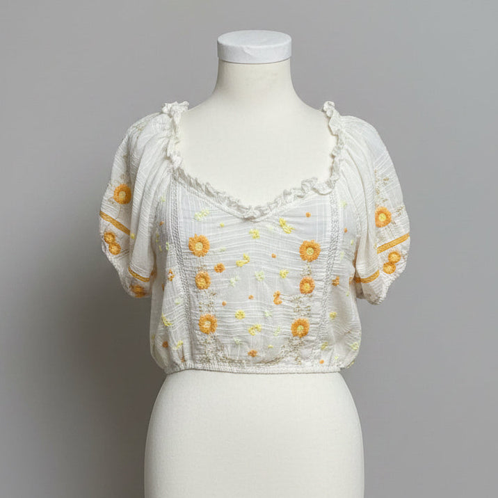 LoveShackFancy white and yellow Domingo blouse, size XS