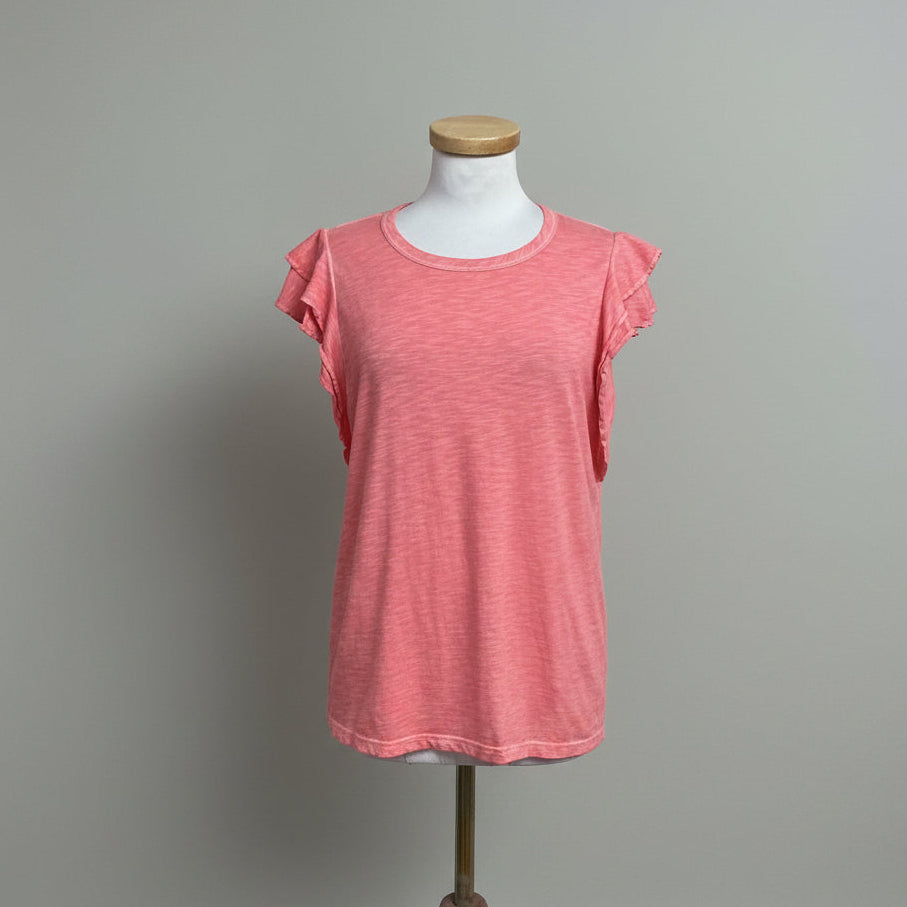 Veronica Beard coral Akeela ruffle tee, size M