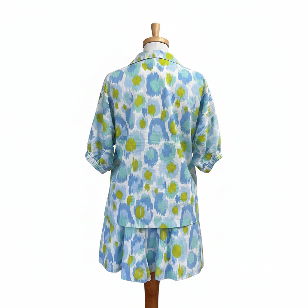 Emily McCarthy blue & lime Poppy shorts set, size S