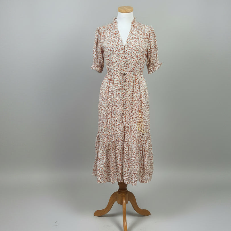 Trovata cream, coral, and green floral Hildie dress, size XS