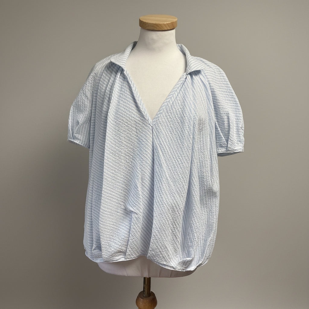 Tish Cox light blue stripe puff blouse, size S