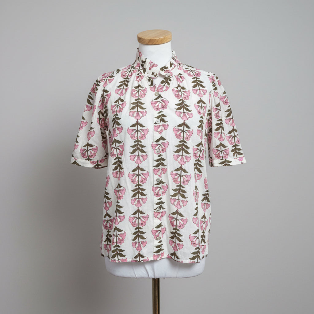 Alix of Bohemia white and pink Winnie Trumpet Lily blouse, size XS