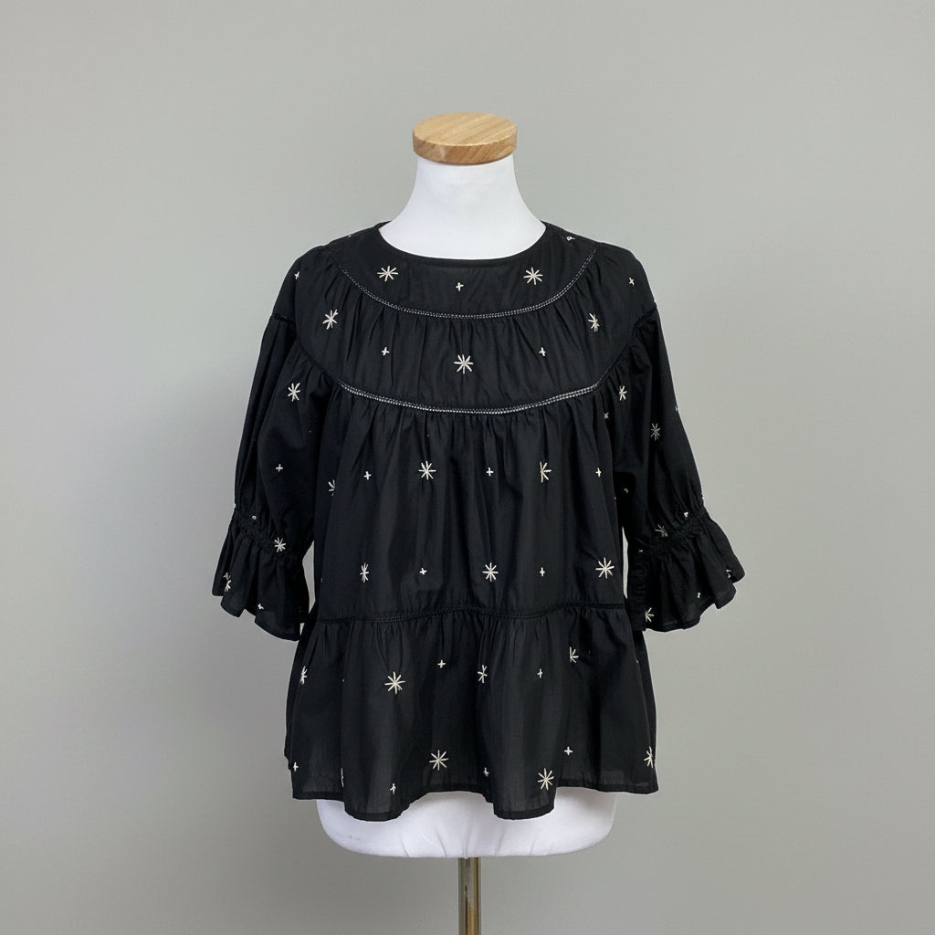 Merlette black Sol top with tan stars, size XS
