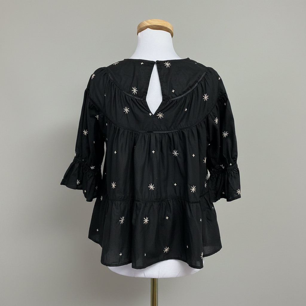 Merlette black Sol top with tan stars, size XS