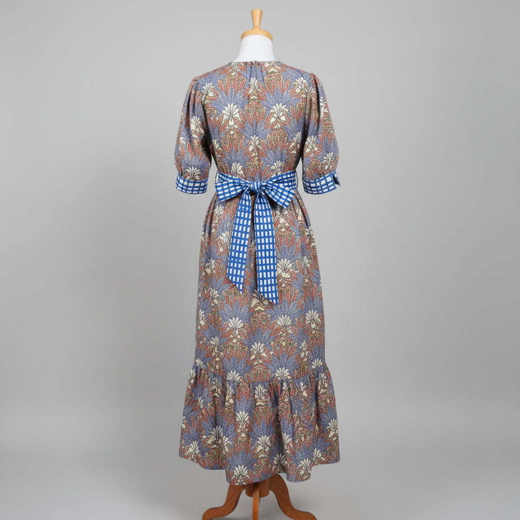 Marie Oliver blue and pink floral and gingham Rhett dress, Size M