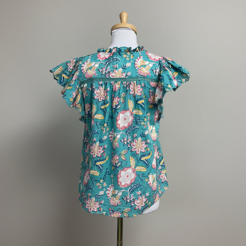 Allison New York turquoise/pink floral tassel blouse, Size M
