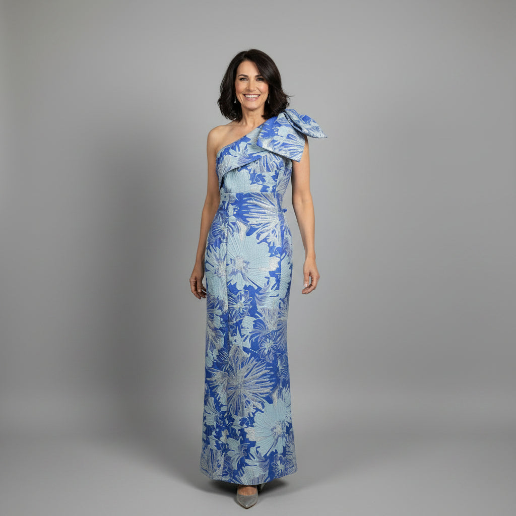 Donna Karan blue metallic jacquard floral one-shoulder dress, Size 10