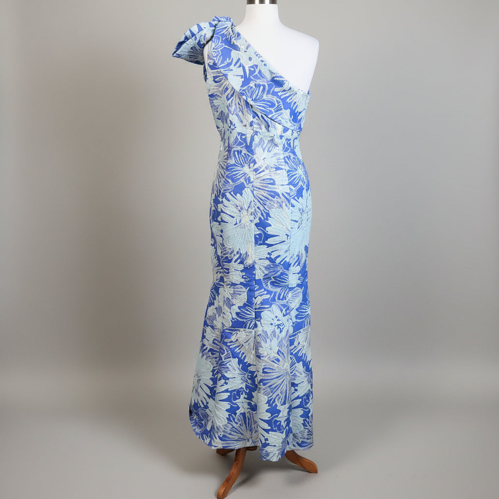 Donna Karan blue metallic jacquard floral one-shoulder dress, Size 10