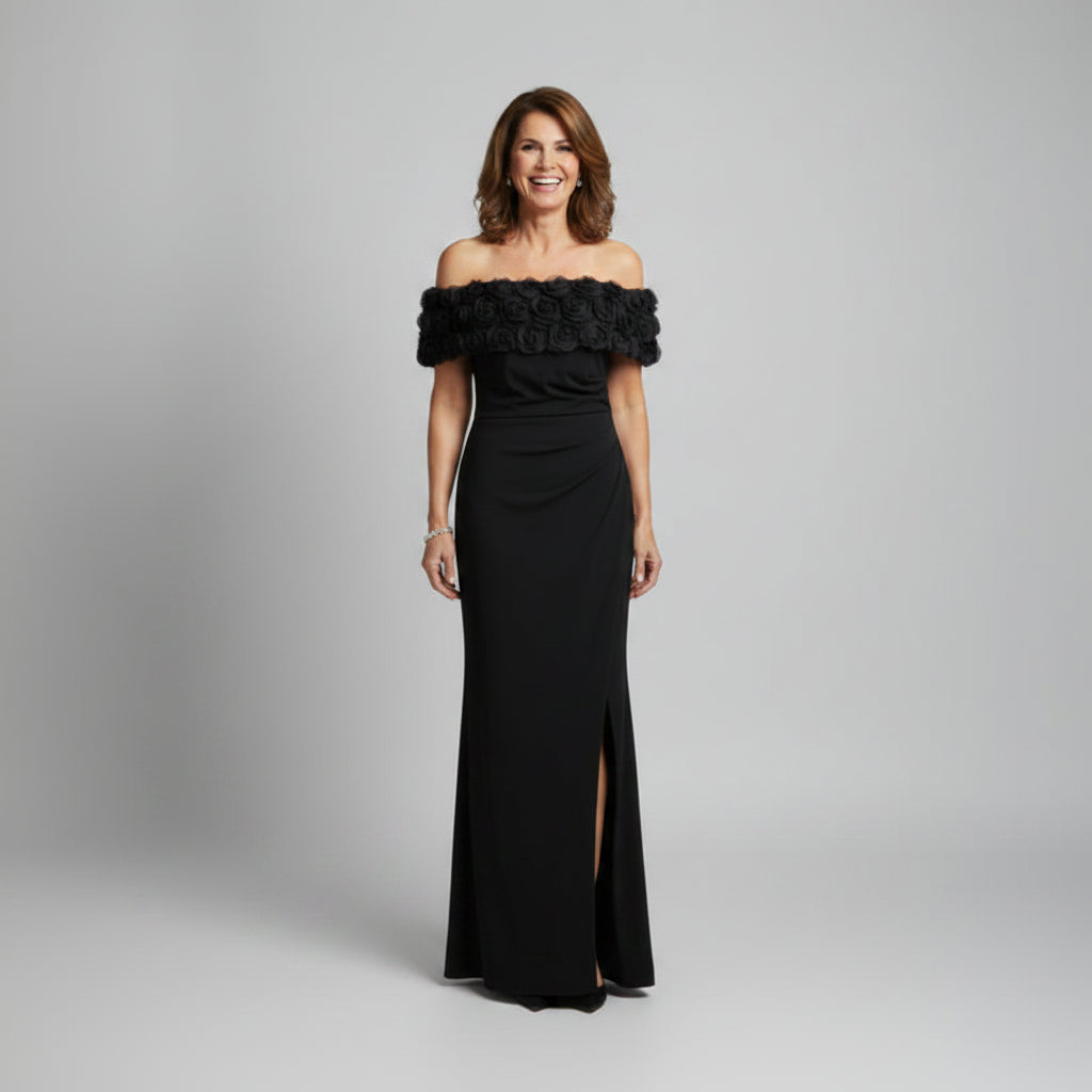 Eliza J. black rosette trim off shoulder dress, Size 10