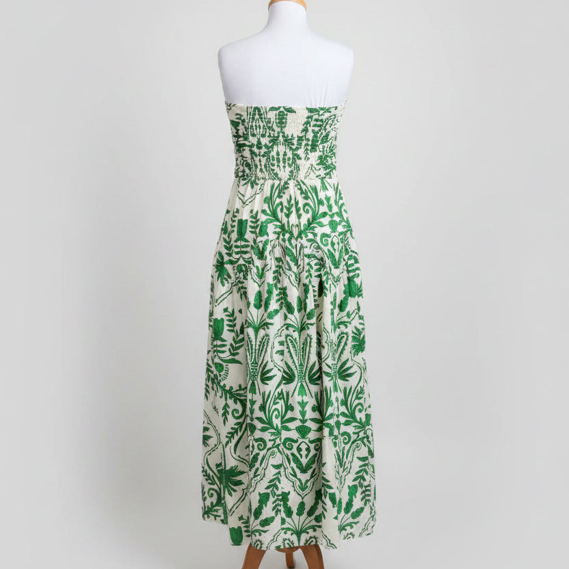 Band of the Free green/ivory cotton floral strapless dress, Size M