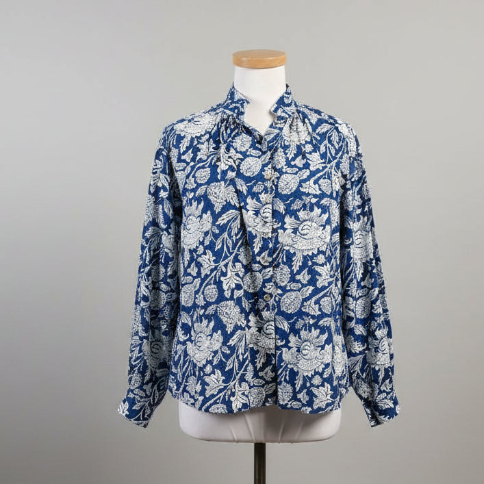 Alix of Bohemia blue and white floral Kiki blouse, size M