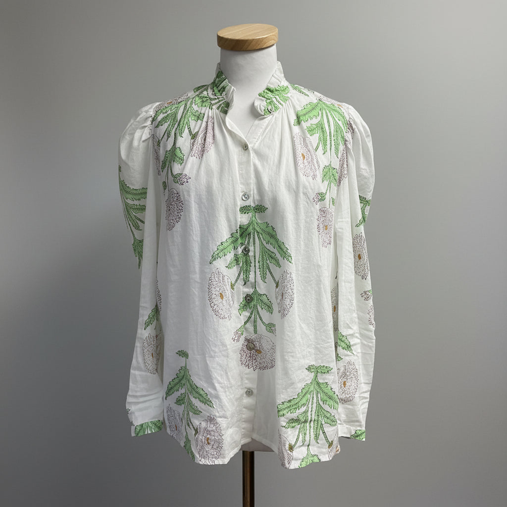 Alix of Bohemia white and green Annabel Moon Flower blouse, size M