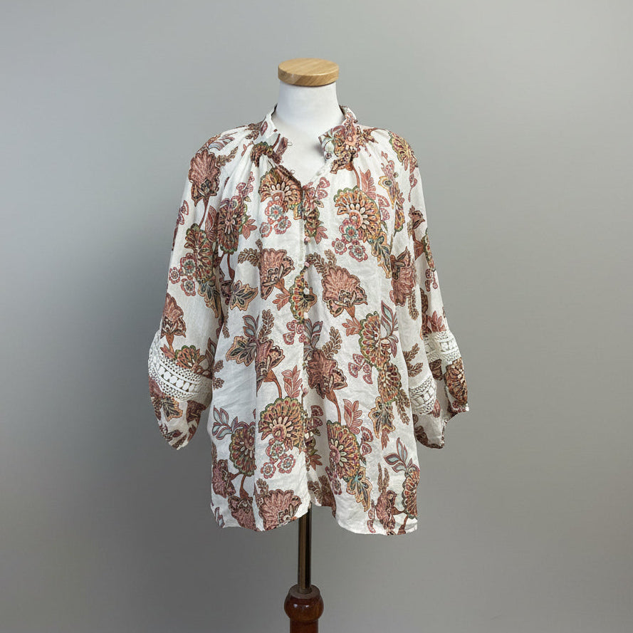Zoe Kratzmann cream and pink K'Gari blouse with crochet detail, size 10