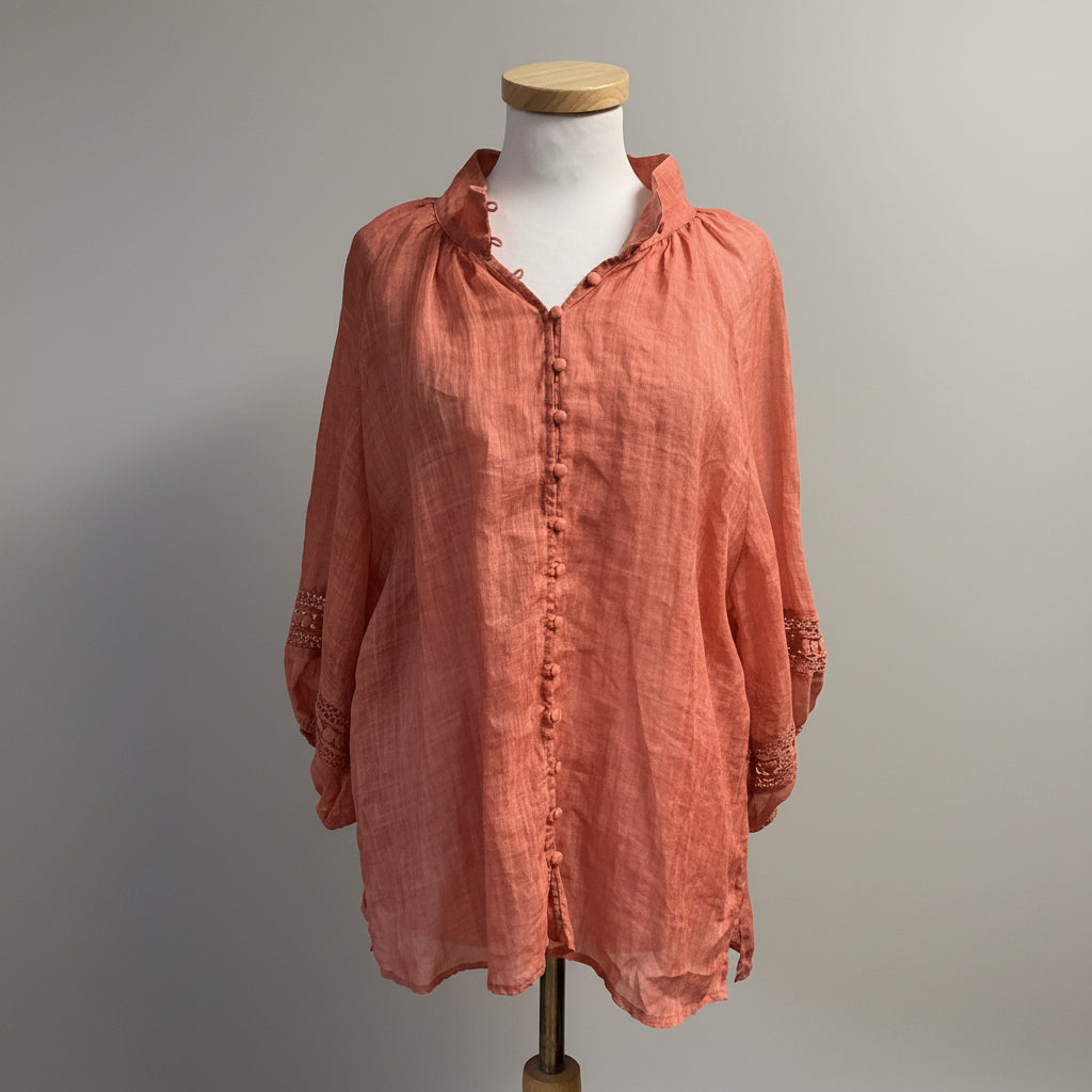 Zoe Kratzmann terra cotta blouse with crochet detail, size 10