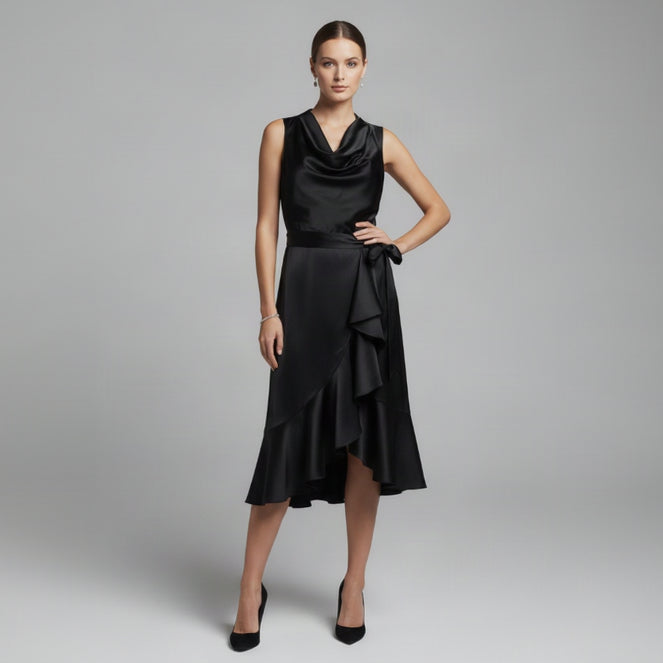 Alex Marie black satin Annalee dress, size 6
